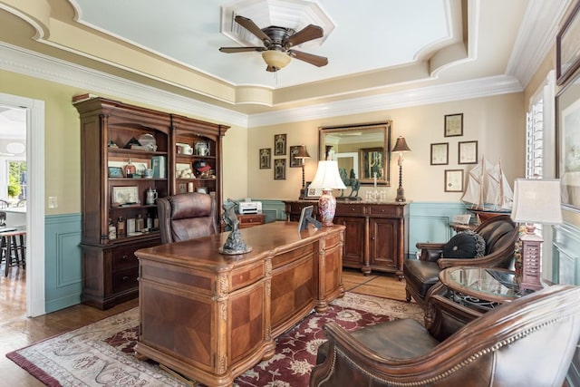 2208 Chadwick Ct, Mount Juliet, TN 37122 - office with ceiling fan, wainscoting, a raised ceiling, crown molding, and a decorative wall