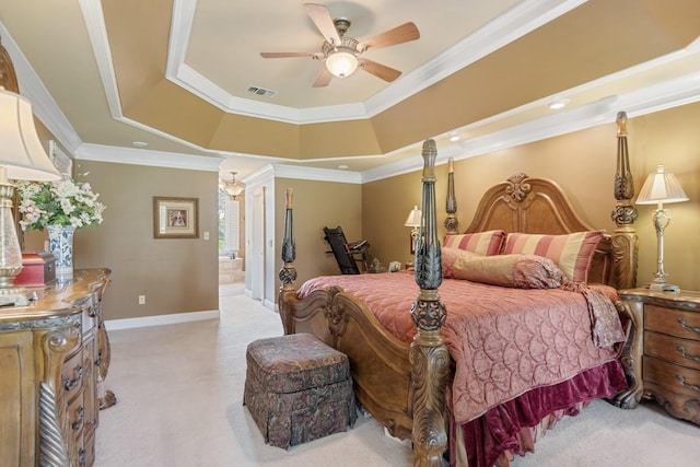 2208 Chadwick Ct, Mount Juliet, TN 37122 - bedroom featuring light carpet, a tray ceiling, ornamental molding, ensuite bathroom, and a ceiling fan