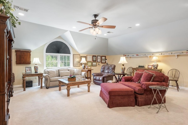 2208 Chadwick Ct, Mount Juliet, TN 37122 - living room featuring light carpet, a ceiling fan, lofted ceiling, and recessed lighting