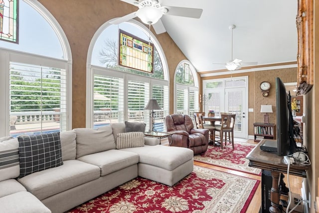 2208 Chadwick Ct, Mount Juliet, TN 37122 - living area with ceiling fan, high vaulted ceiling, healthy amount of natural light, and wood finished floors