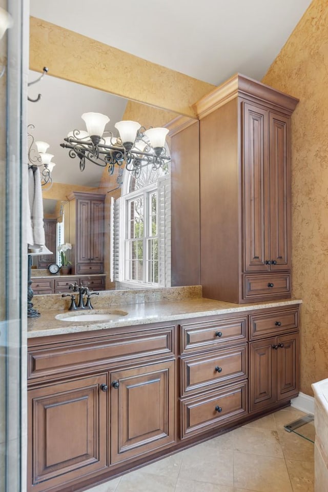 2208 Chadwick Ct, Mount Juliet, TN 37122 - full bath with a chandelier, double vanity, wallpapered walls, and tile patterned floors