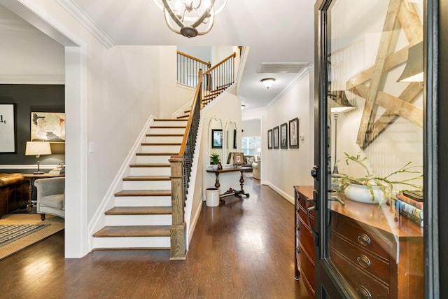 368 Pennystone Cir, Franklin, TN 37067 - foyer featuring stairway, crown molding, and dark wood-style flooring