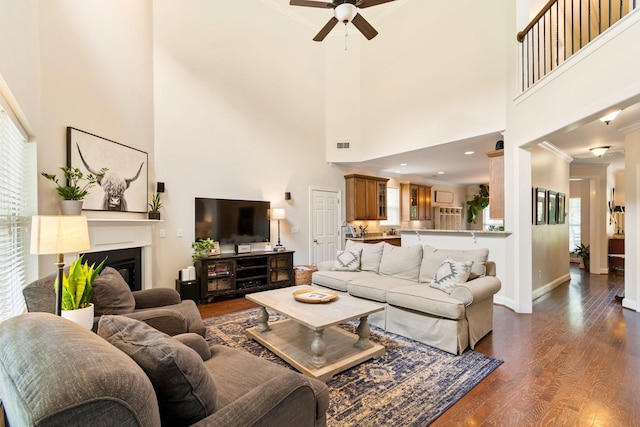 368 Pennystone Cir, Franklin, TN 37067 - living room with ceiling fan, plenty of natural light, dark wood-style floors, ornamental molding, and a high ceiling