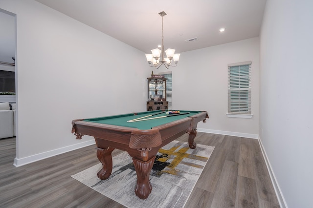 1401 Kennebec Dr, Smyrna, TN 37167 - rec room featuring wood finished floors, billiards table, recessed lighting, and a chandelier