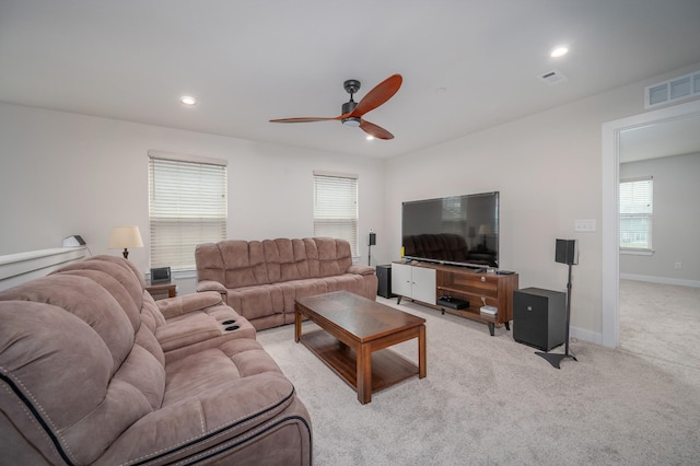 1401 Kennebec Dr, Smyrna, TN 37167 - living room with ceiling fan, light carpet, and recessed lighting