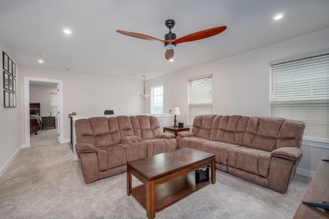 1401 Kennebec Dr, Smyrna, TN 37167 - living area with ceiling fan, light colored carpet, and recessed lighting