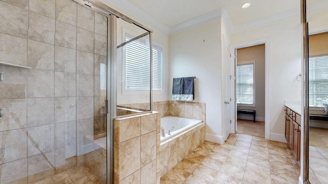 166 Azalea Ln, Franklin, TN 37064 - full bath with a garden tub, vanity, crown molding, and a stall shower