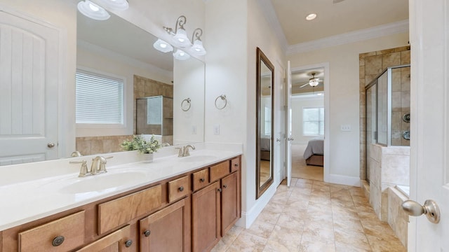 166 Azalea Ln, Franklin, TN 37064 - ensuite bathroom featuring a shower stall, ornamental molding, a ceiling fan, and double vanity