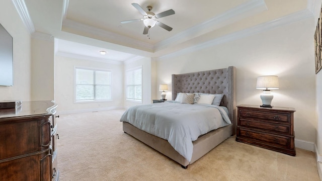 166 Azalea Ln, Franklin, TN 37064 - bedroom featuring ornamental molding, light colored carpet, a tray ceiling, and ceiling fan