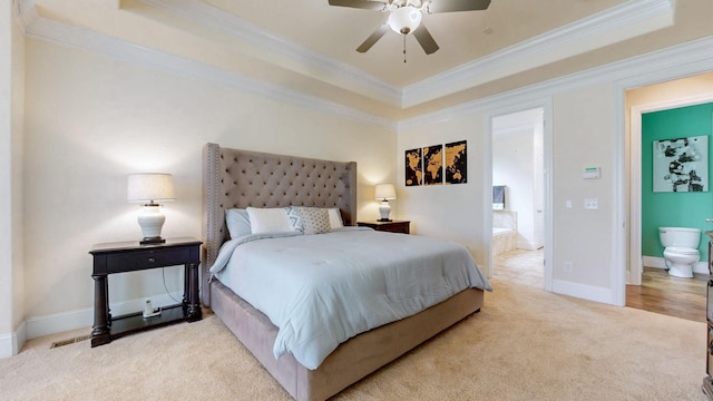 166 Azalea Ln, Franklin, TN 37064 - bedroom with carpet floors, ornamental molding, a raised ceiling, ensuite bathroom, and a ceiling fan