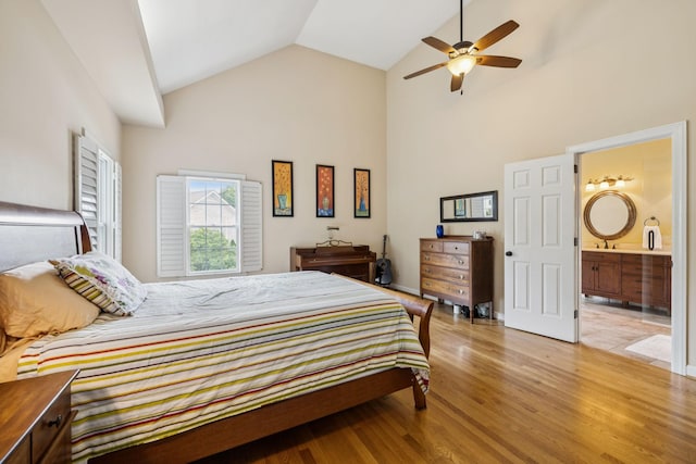 410 Ridge View Ct, Franklin, TN 37067 - bedroom featuring light wood-type flooring, high vaulted ceiling, ensuite bathroom, and ceiling fan