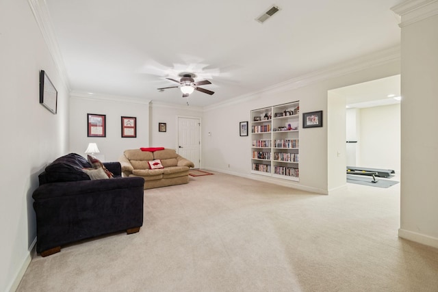 410 Ridge View Ct, Franklin, TN 37067 - living area featuring carpet flooring, crown molding, ceiling fan, and built in features