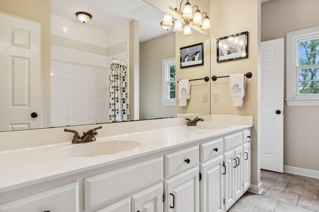 410 Ridge View Ct, Franklin, TN 37067 - bathroom featuring double vanity, a chandelier, a shower with curtain, and tile patterned flooring