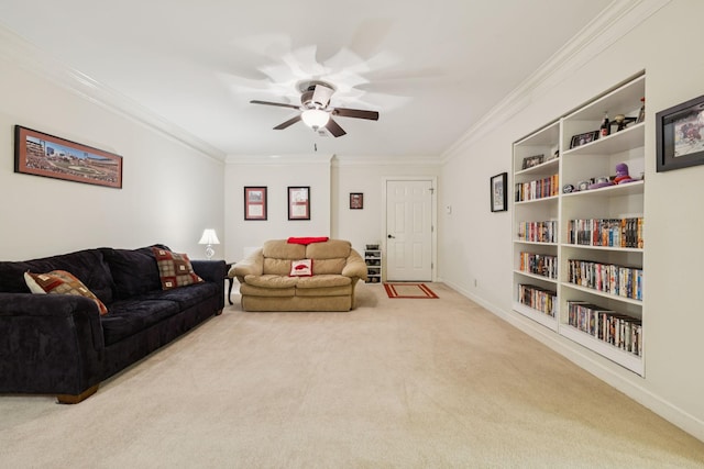 410 Ridge View Ct, Franklin, TN 37067 - living room featuring carpet flooring, a ceiling fan, crown molding, and built in shelves