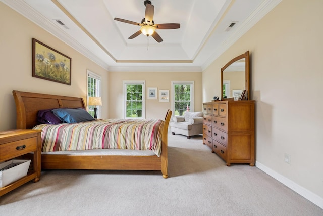 410 Ridge View Ct, Franklin, TN 37067 - bedroom featuring light carpet, a raised ceiling, crown molding, and a ceiling fan
