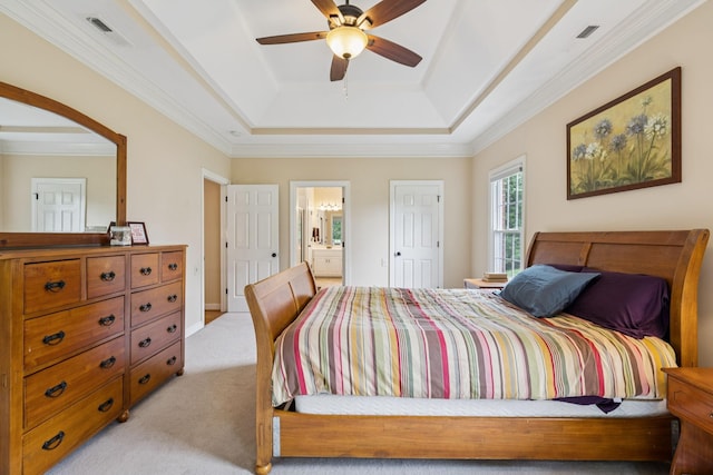 410 Ridge View Ct, Franklin, TN 37067 - bedroom with a raised ceiling, light colored carpet, crown molding, ensuite bathroom, and ceiling fan