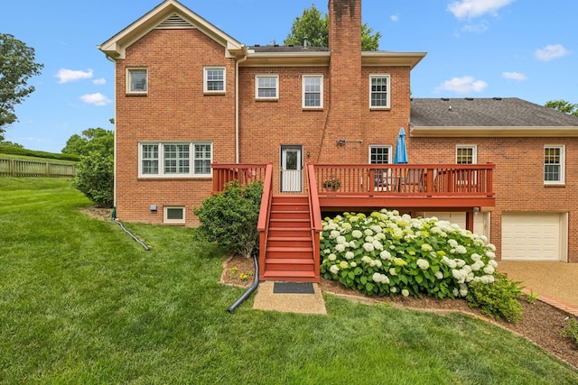 410 Ridge View Ct, Franklin, TN 37067 - back of house with brick siding, stairway, a deck, a chimney, and a lawn