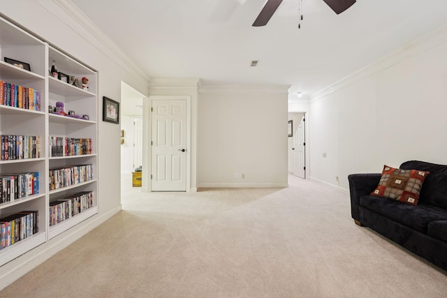 410 Ridge View Ct, Franklin, TN 37067 - living area featuring crown molding, a ceiling fan, carpet, and built in shelves