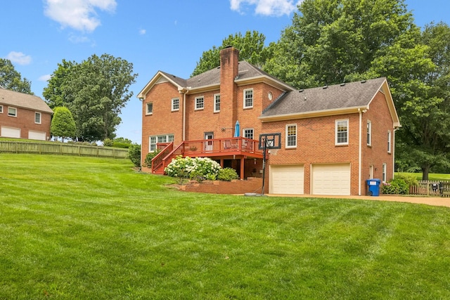 410 Ridge View Ct, Franklin, TN 37067 - rear view of property featuring stairs, a chimney, a garage, brick siding, and a wooden deck