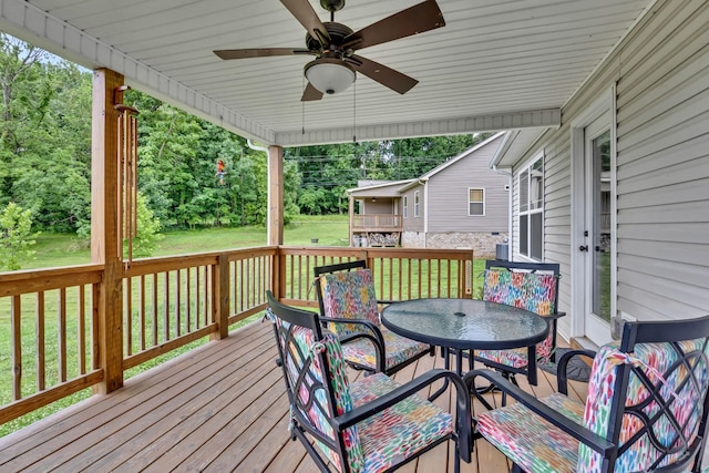 541 Macy Lynn Dr, Clarksville, TN 37042 - wooden terrace featuring outdoor dining space, a ceiling fan, and a lawn