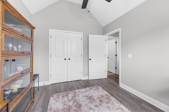 541 Macy Lynn Dr, Clarksville, TN 37042 - bedroom featuring wood finished floors, a closet, high vaulted ceiling, and ceiling fan
