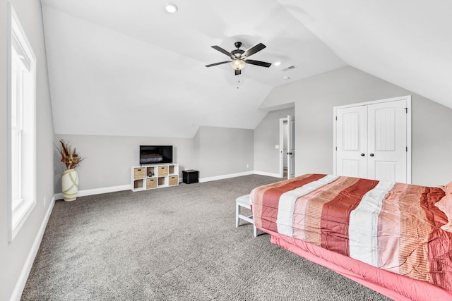 541 Macy Lynn Dr, Clarksville, TN 37042 - carpeted bedroom featuring lofted ceiling, ceiling fan, a closet, and recessed lighting