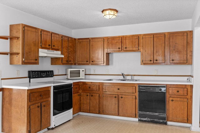 14319 Bluffview Dr, Birchwood, TN 37308 - kitchen featuring electric range, black dishwasher, under cabinet range hood, white microwave, and open shelves