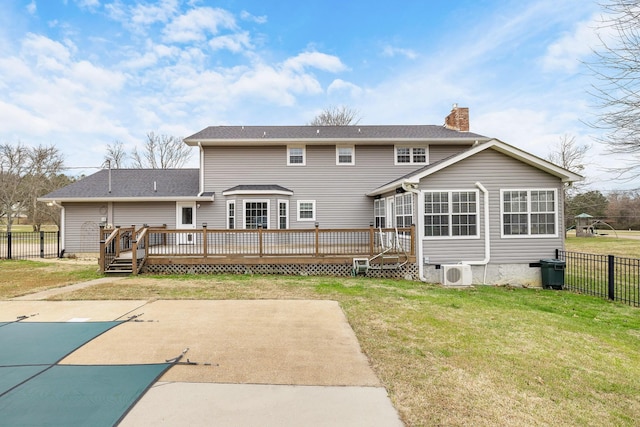 9321 Hopi Trl, Ooltewah, TN 37363 - rear view of property with a wooden deck, a chimney, and a patio area