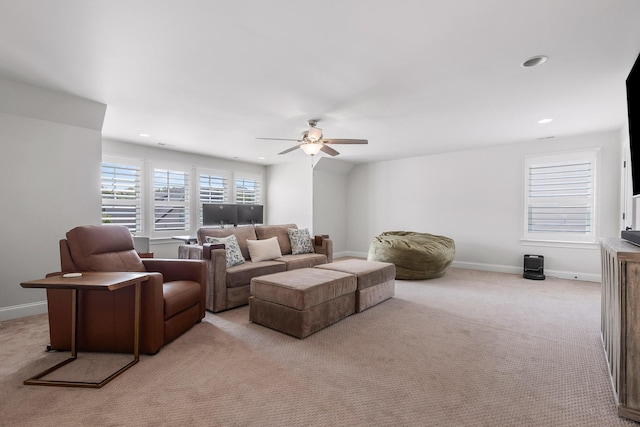 2305 Weeping Willow Dr, Ooltewah, TN 37363 - living room featuring light colored carpet, ceiling fan, and recessed lighting