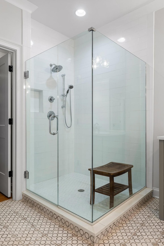 2305 Weeping Willow Dr, Ooltewah, TN 37363 - bathroom featuring a stall shower, tile patterned floors, and recessed lighting