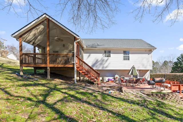 51 Castleview Dr, Ringgold, GA 30736 - back of house with a patio area, a lawn, ceiling fan, a sunroom, and stairs