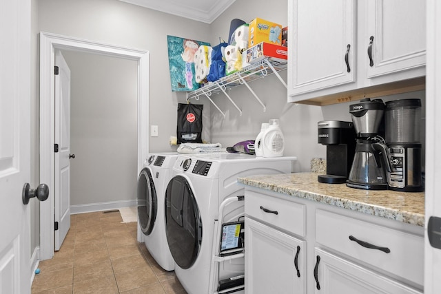 6069 Candies Creek Ridge Rd NW, Charleston, TN 37310 - laundry area with washer and clothes dryer, crown molding, cabinet space, and light tile patterned floors