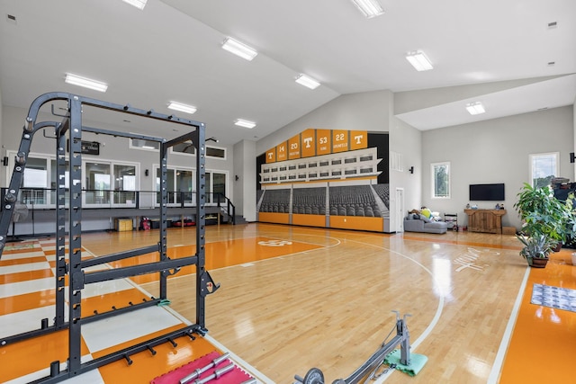 6069 Candies Creek Ridge Rd NW, Charleston, TN 37310 - workout area with community basketball court, wood finished floors, and high vaulted ceiling