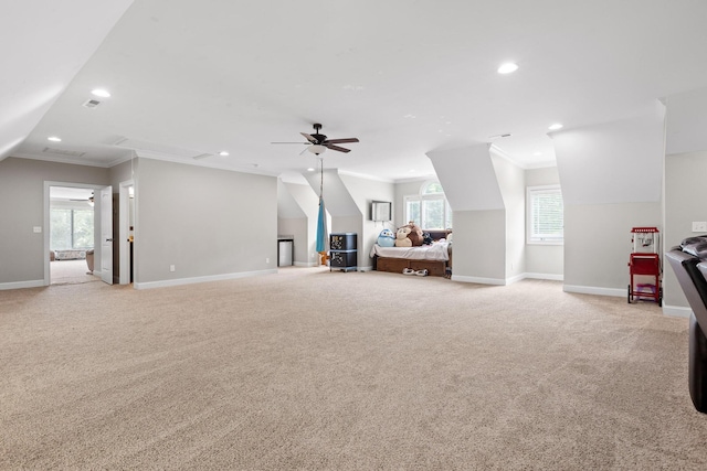 6069 Candies Creek Ridge Rd NW, Charleston, TN 37310 - living room featuring a ceiling fan, light carpet, ornamental molding, and recessed lighting