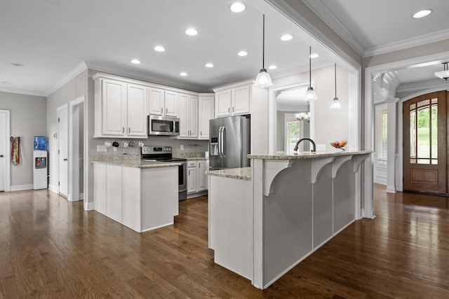 6069 Candies Creek Ridge Rd NW, Charleston, TN 37310 - kitchen featuring stainless steel appliances, ornamental molding, white cabinetry, recessed lighting, and a peninsula