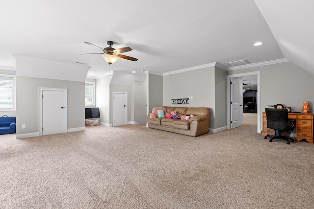 6069 Candies Creek Ridge Rd NW, Charleston, TN 37310 - carpeted living area featuring ceiling fan, recessed lighting, ornamental molding, and lofted ceiling