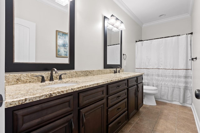 6069 Candies Creek Ridge Rd NW, Charleston, TN 37310 - bathroom with double vanity, crown molding, tile patterned flooring, and curtained shower