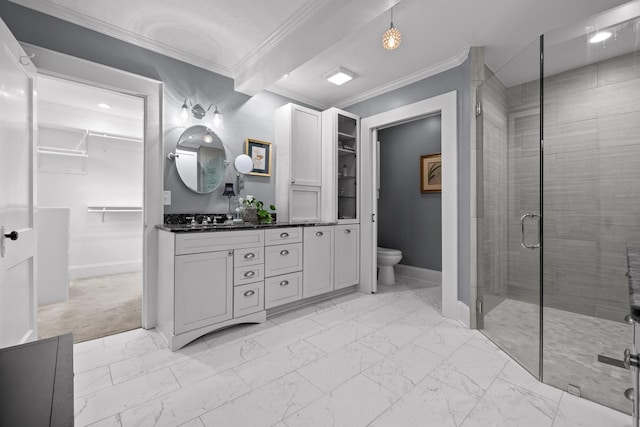 402 Fairview Dr, Dalton, GA 30720 - bathroom featuring marble look tile flooring, crown molding, a walk in closet, vanity, and a stall shower