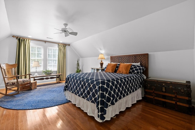 402 Fairview Dr, Dalton, GA 30720 - bedroom with wood finished floors, vaulted ceiling, and ceiling fan