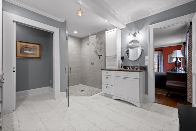 402 Fairview Dr, Dalton, GA 30720 - full bathroom with vanity, crown molding, a shower stall, marble look tiles, and ensuite bath