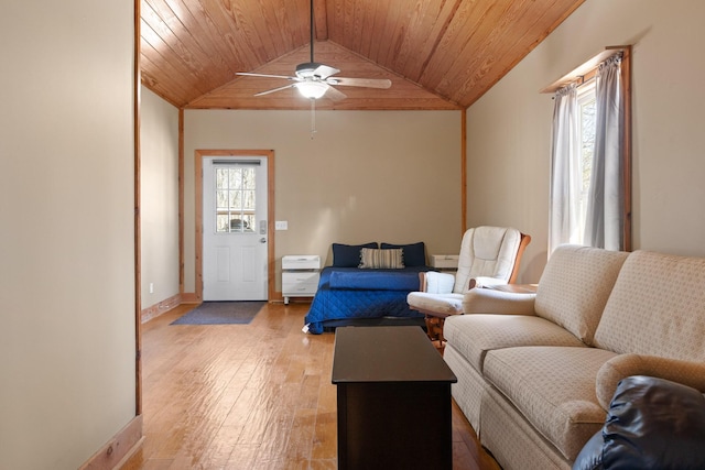 1080 Harp Switch Rd, Chickamauga, GA 30707 - living room featuring wooden ceiling, light wood-type flooring, lofted ceiling, and a ceiling fan