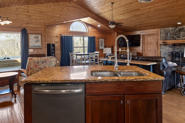 1080 Harp Switch Rd, Chickamauga, GA 30707 - kitchen featuring stainless steel dishwasher, lofted ceiling, wooden ceiling, light wood finished floors, and open floor plan