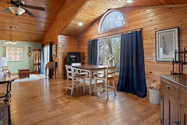 1080 Harp Switch Rd, Chickamauga, GA 30707 - dining area with vaulted ceiling, wooden walls, ceiling fan, light wood-style flooring, and wood ceiling