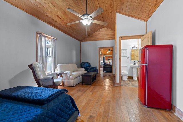1080 Harp Switch Rd, Chickamauga, GA 30707 - bedroom featuring wood ceiling, refrigerator, vaulted ceiling, light wood-type flooring, and ensuite bathroom