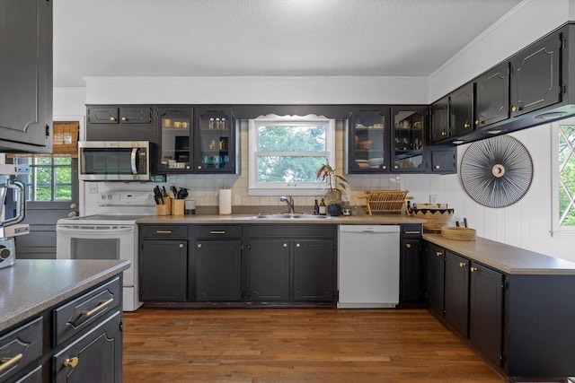 4338 Comet Trl, Hixson, TN 37343 - kitchen with white appliances, healthy amount of natural light, glass insert cabinets, dark wood-style floors, and a textured ceiling