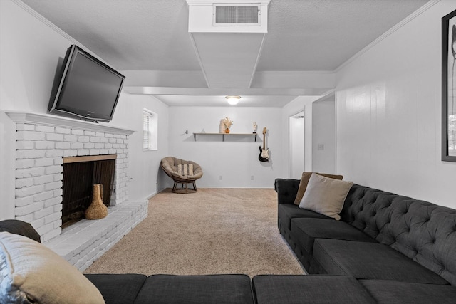 4338 Comet Trl, Hixson, TN 37343 - living room featuring carpet, a brick fireplace, and a textured ceiling