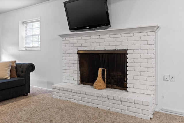 4338 Comet Trl, Hixson, TN 37343 - detailed view of carpet flooring, a brick fireplace, and crown molding
