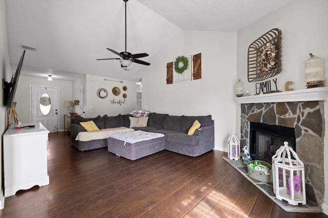 225 Shawn Ln, Chatsworth, GA 30705 - living room featuring ceiling fan, lofted ceiling, wood finished floors, and a fireplace