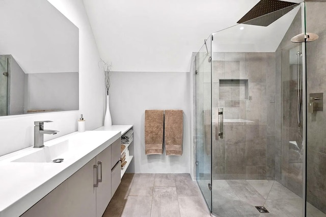 467 Wisley Way, Ringgold, GA 30736 - bathroom featuring vanity, a shower stall, and lofted ceiling