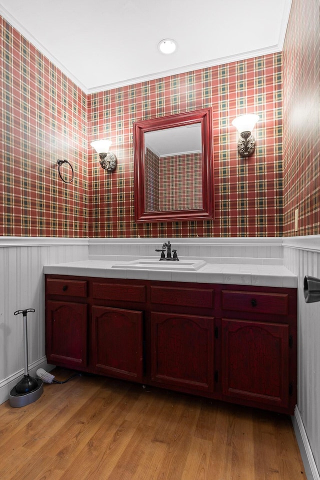 610 Orme Mountain Rd, South Pittsburg, TN 37380 - bathroom with wallpapered walls, wainscoting, vanity, and wood finished floors